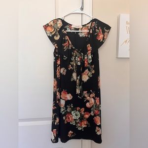 Black Floral Flutter Neckline Dress